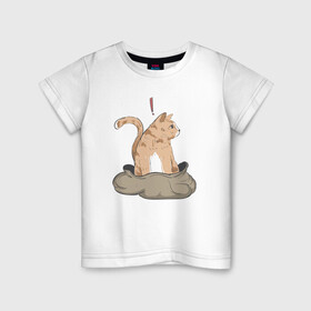 Детская футболка хлопок с принтом Кот в мешке в Курске, 100% хлопок | круглый вырез горловины, полуприлегающий силуэт, длина до линии бедер | cat | кот в мешке | кот из мема | рыжий котик | удивленный кошак