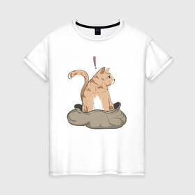 Женская футболка хлопок с принтом Кот в мешке в Курске, 100% хлопок | прямой крой, круглый вырез горловины, длина до линии бедер, слегка спущенное плечо | cat | кот в мешке | кот из мема | рыжий котик | удивленный кошак