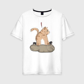 Женская футболка хлопок Oversize с принтом Кот в мешке в Курске, 100% хлопок | свободный крой, круглый ворот, спущенный рукав, длина до линии бедер
 | cat | кот в мешке | кот из мема | рыжий котик | удивленный кошак