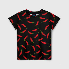 Детская футболка 3D с принтом Chili peppers в Курске, 100% гипоаллергенный полиэфир | прямой крой, круглый вырез горловины, длина до линии бедер, чуть спущенное плечо, ткань немного тянется | Тематика изображения на принте: chili peppers | горячий | еда | овощ | острый | перец чили | узор