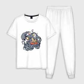 Мужская пижама хлопок с принтом Японский Кракен ест Рамен в Курске, 100% хлопок | брюки и футболка прямого кроя, без карманов, на брюках мягкая резинка на поясе и по низу штанин
 | Тематика изображения на принте: anime | cook | fish | food | japan | kanji | kraken | manga | octopus | ramen | волны | еда | кандзи | катакана | кок | лапша | море | надписи | океан | осьминог | палочки | повар | рыба | символы | хирагана | япония | японские иероглифы