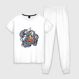 Женская пижама хлопок с принтом Японский Кракен ест Рамен в Курске, 100% хлопок | брюки и футболка прямого кроя, без карманов, на брюках мягкая резинка на поясе и по низу штанин | anime | cook | fish | food | japan | kanji | kraken | manga | octopus | ramen | волны | еда | кандзи | катакана | кок | лапша | море | надписи | океан | осьминог | палочки | повар | рыба | символы | хирагана | япония | японские иероглифы