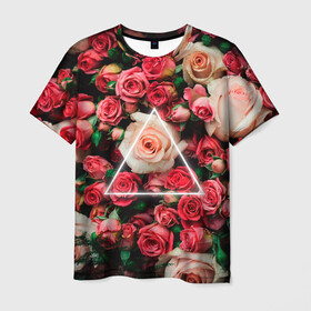 Мужская футболка 3D с принтом ROSE NEON | РОЗЫ НЕОН в Курске, 100% полиэфир | прямой крой, круглый вырез горловины, длина до линии бедер | rose | женская | любовь | молодежь | мужская | неон | розы | свобода