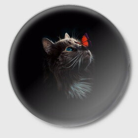 Значок с принтом Котик и бабочка в Курске,  металл | круглая форма, металлическая застежка в виде булавки | Тематика изображения на принте: бабочка | бабочка на носу | животные | кот | котенок | кошка