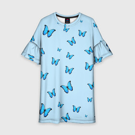 Детское платье 3D с принтом Синие бабочки в Курске, 100% полиэстер | прямой силуэт, чуть расширенный к низу. Круглая горловина, на рукавах — воланы | Тематика изображения на принте: blue | butterfly | emoji | smile | бабочки | насекомые | эмоджи