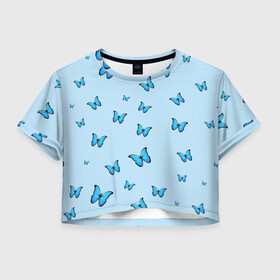 Женская футболка Crop-top 3D с принтом Синие бабочки в Курске, 100% полиэстер | круглая горловина, длина футболки до линии талии, рукава с отворотами | blue | butterfly | emoji | smile | бабочки | насекомые | эмоджи