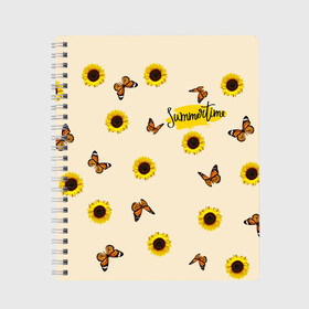 Тетрадь с принтом Butterflies and sunflowers в Курске, 100% бумага | 48 листов, плотность листов — 60 г/м2, плотность картонной обложки — 250 г/м2. Листы скреплены сбоку удобной пружинной спиралью. Уголки страниц и обложки скругленные. Цвет линий — светло-серый
 | butterfly | summer | sunflower | бабочки | лето | насекомые | подсолнух | цветы