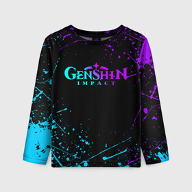 Детский лонгслив 3D с принтом GENSHIN IMPACT NEON LOGO в Курске, 100% полиэстер | длинные рукава, круглый вырез горловины, полуприлегающий силуэт
 | amber | anime | genshin impact | girl | jean | lisa | paimon | xiao | zelda | анемо | аниме | геншен импакт | геншин импакт | геншин эмпакт | геншинимпакт | девушка | игры | кли | лиза | паймон | пеймон | персонажи | сяо | тян