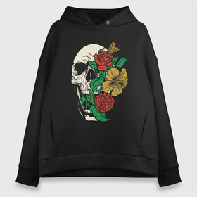 Женское худи Oversize хлопок с принтом Floral Roses Skull  в Курске, френч-терри — 70% хлопок, 30% полиэстер. Мягкий теплый начес внутри —100% хлопок | боковые карманы, эластичные манжеты и нижняя кромка, капюшон на магнитной кнопке | bones | cranium | flower | flowers | gothic | merch | rose | skeleton | skull merch | tattoo | букет | готика | кости | мерч | мистика | рисунок черепа | роза | розы | скелет | татуировка | ужасы | флора | цветы | чайные розы | череп | черепа с