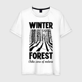 Мужская футболка хлопок с принтом Зимний лес в Курске, 100% хлопок | прямой крой, круглый вырез горловины, длина до линии бедер, слегка спущенное плечо. | forest | nature | snow | spruce | sun | winter | winter forest | ели | зима | зимний лес | лес | отдых на природе | природа | снег | солнце | сугробы | тени | туризм