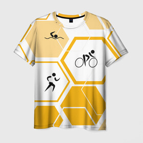 Мужская футболка 3D с принтом Триатлон / Triathlon в Курске, 100% полиэфир | прямой крой, круглый вырез горловины, длина до линии бедер | ironman | tri | triathlon | бег | велосипед | велоспорт | выносливость | мультиспорт | плавание | сила | скорость | соты | спорт | три | триатлон | троеборье | цикличный