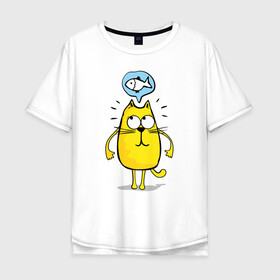 Мужская футболка хлопок Oversize с принтом Кот мечтает о рыбе в Курске, 100% хлопок | свободный крой, круглый ворот, “спинка” длиннее передней части | cat | kitty | киска | кот | котик | котэ | кошечка | кошка | пушистик