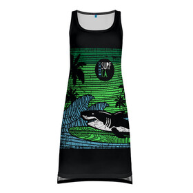 Платье-майка 3D с принтом Surf shark в Курске, 100% полиэстер | полуприлегающий силуэт, широкие бретели, круглый вырез горловины, удлиненный подол сзади. | shark | акула | вода | море | океан | остров | отпуск | пальмы | серфинг