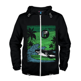 Мужская ветровка 3D с принтом Surf shark в Курске, 100% полиэстер | подол и капюшон оформлены резинкой с фиксаторами, два кармана без застежек по бокам, один потайной карман на груди | Тематика изображения на принте: shark | акула | вода | море | океан | остров | отпуск | пальмы | серфинг