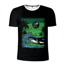 Мужская футболка 3D спортивная с принтом Surf shark в Курске, 100% полиэстер с улучшенными характеристиками | приталенный силуэт, круглая горловина, широкие плечи, сужается к линии бедра | shark | акула | вода | море | океан | остров | отпуск | пальмы | серфинг