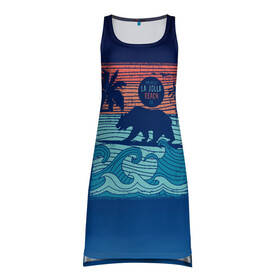 Платье-майка 3D с принтом Медведь на серфинге в Курске, 100% полиэстер | полуприлегающий силуэт, широкие бретели, круглый вырез горловины, удлиненный подол сзади. | волны | закат | медведь | море | океан | отдых | отпуск | пальмы | серфинг