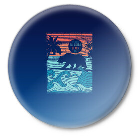 Значок с принтом Медведь на серфинге в Курске,  металл | круглая форма, металлическая застежка в виде булавки | волны | закат | медведь | море | океан | отдых | отпуск | пальмы | серфинг