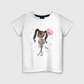 Детская футболка хлопок с принтом Милая Лола с котиком и шариком в Курске, 100% хлопок | круглый вырез горловины, полуприлегающий силуэт, длина до линии бедер | девушка | косички | кот | лола | любовь | малышка | милашка | мультяшка | сердце | шарик