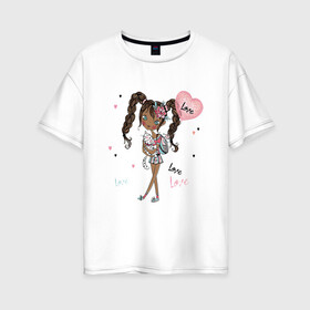 Женская футболка хлопок Oversize с принтом Милая Лола с котиком и шариком в Курске, 100% хлопок | свободный крой, круглый ворот, спущенный рукав, длина до линии бедер
 | девушка | косички | кот | лола | любовь | малышка | милашка | мультяшка | сердце | шарик