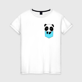 Женская футболка хлопок с принтом Панда милашка в кармашке в Курске, 100% хлопок | прямой крой, круглый вырез горловины, длина до линии бедер, слегка спущенное плечо | животное | карман | малышка | медведь | милашка