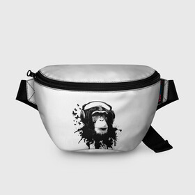 Поясная сумка 3D с принтом Обезьяна Меломан в Курске, 100% полиэстер | плотная ткань, ремень с регулируемой длиной, внутри несколько карманов для мелочей, основное отделение и карман с обратной стороны сумки застегиваются на молнию | black | blot | butterflies | chimpanzee | gorilla | headphones | ink | lover | monkey | music | sheet | white | бабочки | белое | горилла | клякса | меломан | музыка | наушники | ноты | обезьяна | спокойствие | умиротворение | чернила | черное