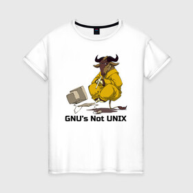 Женская футболка хлопок с принтом GNU’s Not UNIX в Курске, 100% хлопок | прямой крой, круглый вырез горловины, длина до линии бедер, слегка спущенное плечо | gnu | linux | not unix | programming | гну | линукс | программист | сисадмин | системный администратор