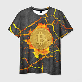 Мужская футболка 3D с принтом Вулканический Биткоин в Курске, 100% полиэфир | прямой крой, круглый вырез горловины, длина до линии бедер | bitcoin | биткоины | вулкан | крипта | криптовалюта | лава | огонь