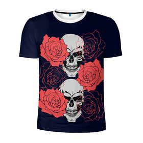 Мужская футболка 3D спортивная с принтом Rose Skull в Курске, 100% полиэстер с улучшенными характеристиками | приталенный силуэт, круглая горловина, широкие плечи, сужается к линии бедра | flowers | роза | розы | скелет | цветы | череп | черепа