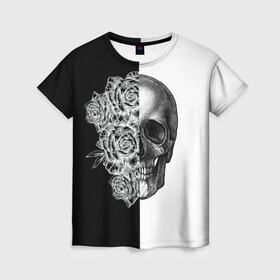 Женская футболка 3D с принтом SkullRose Sketch в Курске, 100% полиэфир ( синтетическое хлопкоподобное полотно) | прямой крой, круглый вырез горловины, длина до линии бедер | набросок | рисунок карандашом | роза | чб | череп | черепушка | черно белое