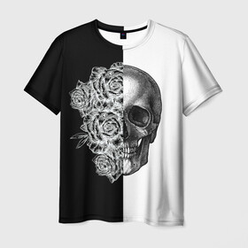 Мужская футболка 3D с принтом SkullRose Sketch в Курске, 100% полиэфир | прямой крой, круглый вырез горловины, длина до линии бедер | набросок | рисунок карандашом | роза | чб | череп | черепушка | черно белое