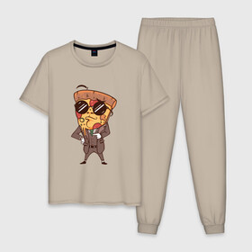 Мужская пижама хлопок с принтом Пепперони пицца в костюме в Курске, 100% хлопок | брюки и футболка прямого кроя, без карманов, на брюках мягкая резинка на поясе и по низу штанин
 | art | boss | cheese pizza | cool | funny | mushroom | pepperoni | pizza | pizza lover | retro | агент | арт | в очках | грибы | иллюстрация | люблю пиццу | пицца без ананасов | пицца с ананасами | прикол | ретро | рисунок пиццы | спецагент