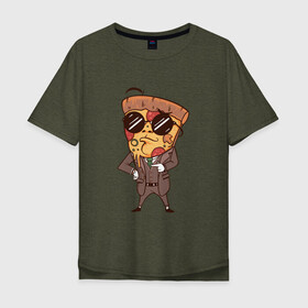 Мужская футболка хлопок Oversize с принтом Пепперони пицца в костюме в Курске, 100% хлопок | свободный крой, круглый ворот, “спинка” длиннее передней части | art | boss | cheese pizza | cool | funny | mushroom | pepperoni | pizza | pizza lover | retro | агент | арт | в очках | грибы | иллюстрация | люблю пиццу | пицца без ананасов | пицца с ананасами | прикол | ретро | рисунок пиццы | спецагент