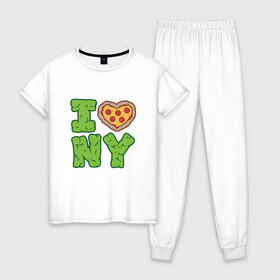 Женская пижама хлопок с принтом I Love New York в Курске, 100% хлопок | брюки и футболка прямого кроя, без карманов, на брюках мягкая резинка на поясе и по низу штанин | donatello | leonardo | michelangelo | ninja | pizza | raphael | turtles | донателло | животные | карате | комикс | комиксы | леонардо | микеланджело | мультфильм | мутант | мутанты | ниндзя | пицца | рафаэль | сплинтер | супергерой