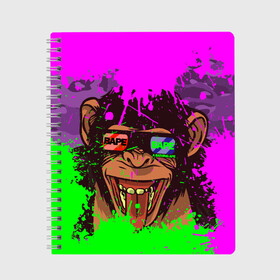 Тетрадь с принтом 3D Neon Monkey в Курске, 100% бумага | 48 листов, плотность листов — 60 г/м2, плотность картонной обложки — 250 г/м2. Листы скреплены сбоку удобной пружинной спиралью. Уголки страниц и обложки скругленные. Цвет линий — светло-серый
 | 3d очки | bapy | brand | chimp | cool paint | fashion | hype beast | japan | neon | paint | trend | анаглиф | байп | байпи | брызги красок | бэйп | бэйпи | камуфляж | купающаяся обезьяна | мода | неон | тренд | хайп бист | хайповый бренд | ш