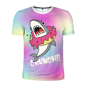 Мужская футболка 3D спортивная с принтом Акула с пончиком Сrunch в Курске, 100% полиэстер с улучшенными характеристиками | приталенный силуэт, круглая горловина, широкие плечи, сужается к линии бедра | акула | глазурь | градиент | десерт | зубы | пончик | укус