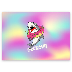 Поздравительная открытка с принтом Акула с пончиком Сrunch в Курске, 100% бумага | плотность бумаги 280 г/м2, матовая, на обратной стороне линовка и место для марки
 | акула | глазурь | градиент | десерт | зубы | пончик | укус