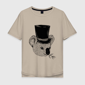 Мужская футболка хлопок Oversize с принтом Коала Джентльмен в Цилиндре в Курске, 100% хлопок | свободный крой, круглый ворот, “спинка” длиннее передней части | art | bear | coala | gentleman | illustration | koala | top hap | австралия | арт | иллюстрация | медведь | рисунок | сумчатые | цилиндр | шляпа | эвкалипт