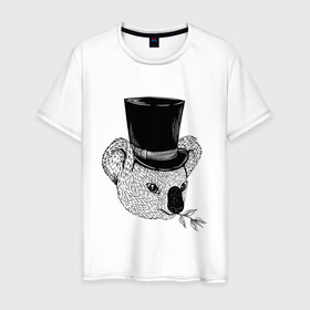 Мужская футболка хлопок с принтом Коала Джентльмен в Цилиндре в Курске, 100% хлопок | прямой крой, круглый вырез горловины, длина до линии бедер, слегка спущенное плечо. | art | bear | coala | gentleman | illustration | koala | top hap | австралия | арт | иллюстрация | медведь | рисунок | сумчатые | цилиндр | шляпа | эвкалипт
