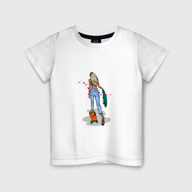 Детская футболка хлопок с принтом Девушка на скейте в Курске, 100% хлопок | круглый вырез горловины, полуприлегающий силуэт, длина до линии бедер | Тематика изображения на принте: блондинка | девушка | джинсы | скейт | спорт | фитоняша