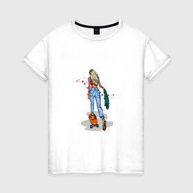 Женская футболка хлопок с принтом Девушка на скейте в Курске, 100% хлопок | прямой крой, круглый вырез горловины, длина до линии бедер, слегка спущенное плечо | Тематика изображения на принте: блондинка | девушка | джинсы | скейт | спорт | фитоняша