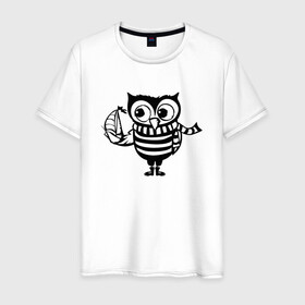 Мужская футболка хлопок с принтом Совенок с корабликом в Курске, 100% хлопок | прямой крой, круглый вырез горловины, длина до линии бедер, слегка спущенное плечо. | owl | owls | сова | совушка | совы | филин | фраза | юмор