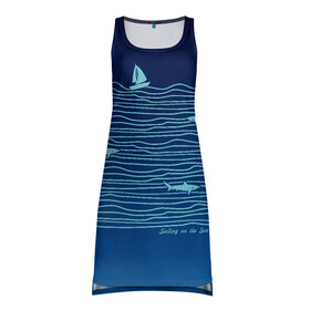 Платье-майка 3D с принтом Акулы в море в Курске, 100% полиэстер | полуприлегающий силуэт, широкие бретели, круглый вырез горловины, удлиненный подол сзади. | акула | лето | лодка | море | океан | отдых | отпуск | парус | парусник | плавание