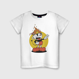 Детская футболка хлопок с принтом Cuphead в Курске, 100% хлопок | круглый вырез горловины, полуприлегающий силуэт, длина до линии бедер | cartoon | cuphead | fire | game | illustration | mugman
