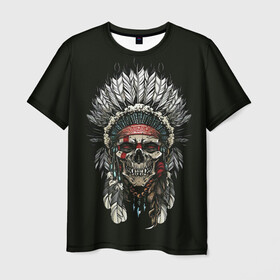 Мужская футболка 3D с принтом Indian Skull в Курске, 100% полиэфир | прямой крой, круглый вырез горловины, длина до линии бедер | Тематика изображения на принте: skeleton | skulls | вождь | индеец | индия | скелет | череп | черепушка