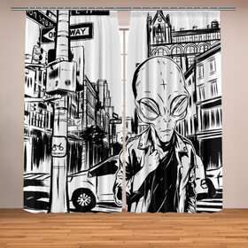 Фотошторы с принтом Портрет пришельца в Нью Йорке в Курске, Блэкаут (светозащита 90%) / Габардин (светозащита 40% | 2 полотна шириной по 145 см; Высота 200-300 см; Крепление: шторная лента (на крючки); | alien | art | hipster | illustration | landscape | new york | ufo | арт | иллюстрация | инопланетянин | картина | нло | нью йорк | пейзаж | пешеходный переход | пришелец | рисунок | рисунок карандашом | светофор | указатель