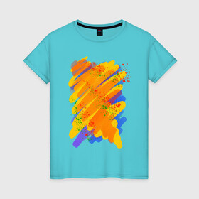 Женская футболка хлопок с принтом Яркость красок в Курске, 100% хлопок | прямой крой, круглый вырез горловины, длина до линии бедер, слегка спущенное плечо | art | orange | print | брызги | краски | принт | пятна | творчество | яркость