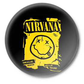 Значок с принтом Nirvana 1987 в Курске,  металл | круглая форма, металлическая застежка в виде булавки | Тематика изображения на принте: album | curt | kobain | logo | music | nevermind | nirvana | rock | smells like | smile | teen spirit | альбом | гитара | курт кобейн | логотип | музыка | невермайнд | нирвана | рок | смайл | стикер