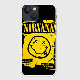 Чехол для iPhone 13 mini с принтом Nirvana 1987 в Курске,  |  | Тематика изображения на принте: album | curt | kobain | logo | music | nevermind | nirvana | rock | smells like | smile | teen spirit | альбом | гитара | курт кобейн | логотип | музыка | невермайнд | нирвана | рок | смайл | стикер