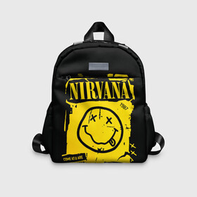 Детский рюкзак 3D с принтом Nirvana 1987 в Курске, 100% полиэстер | лямки с регулируемой длиной, сверху петелька, чтобы рюкзак можно было повесить на вешалку. Основное отделение закрывается на молнию, как и внешний карман. Внутри дополнительный карман. По бокам два дополнительных кармашка | album | curt | kobain | logo | music | nevermind | nirvana | rock | smells like | smile | teen spirit | альбом | гитара | курт кобейн | логотип | музыка | невермайнд | нирвана | рок | смайл | стикер