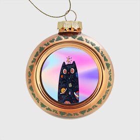Стеклянный ёлочный шар с принтом космический кот в Курске, Стекло | Диаметр: 80 мм | Тематика изображения на принте: градиент | звезды | космос | кот | месяц | планеты | солнце